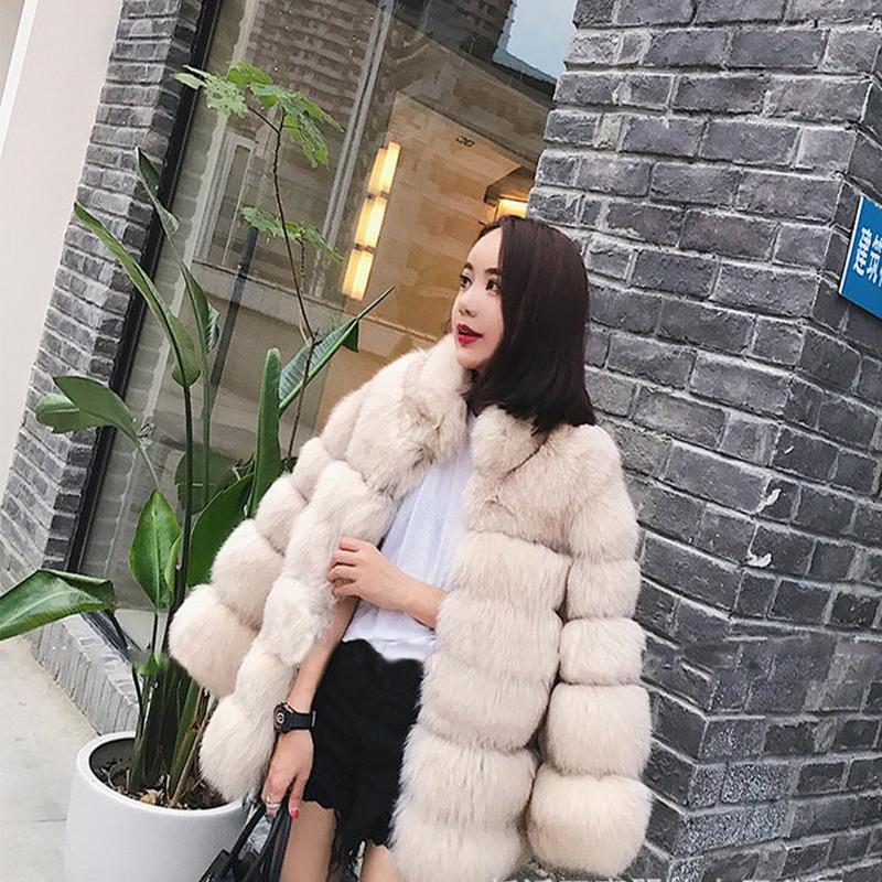 

Меховое осеннее и зимнее новое меховое пальто со стоячим воротником средней длины, корейское теплое пальто с искусственным лисьим мехом XXL