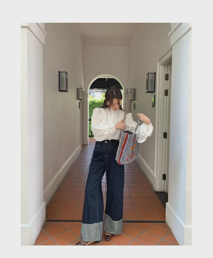 NEWOPEN 2025 Frühes Frühlingshemd im französischen Stil mit Stehkragen und Rüschensaum