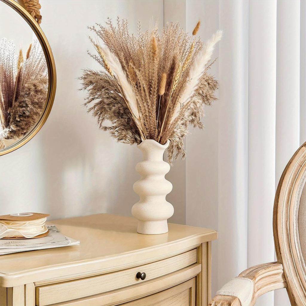 2pcs Modern Decorative White Ceramic Vases for Home Decor, Abstract Minimalist Vase for Pampas Grass, Boho Flower Vase, Aesthetic Cream Vase
