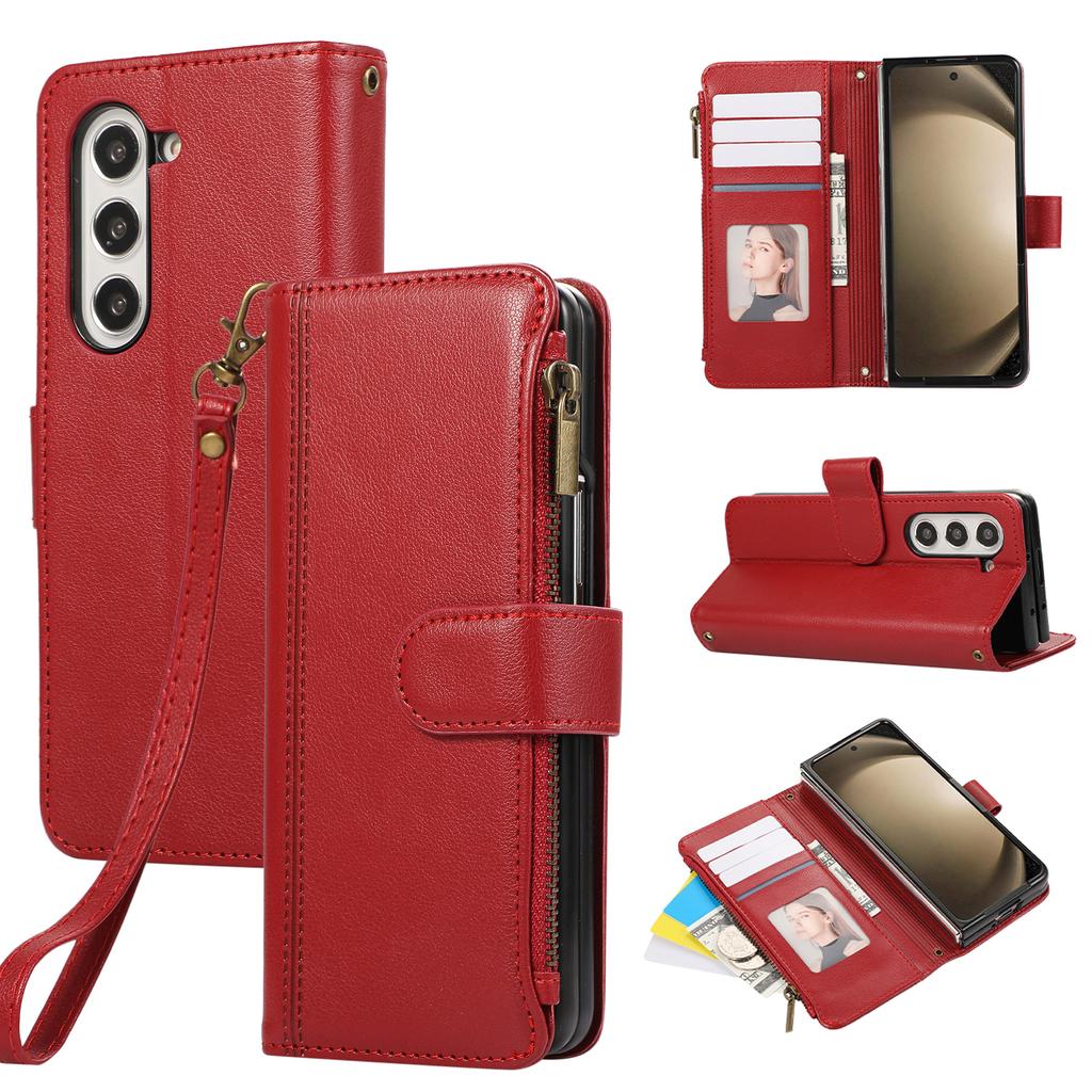For Samsung Galaxy Z Fold7 5G Case Multi Card Slots Zipper Leather Phone Cover with Wrist Strap