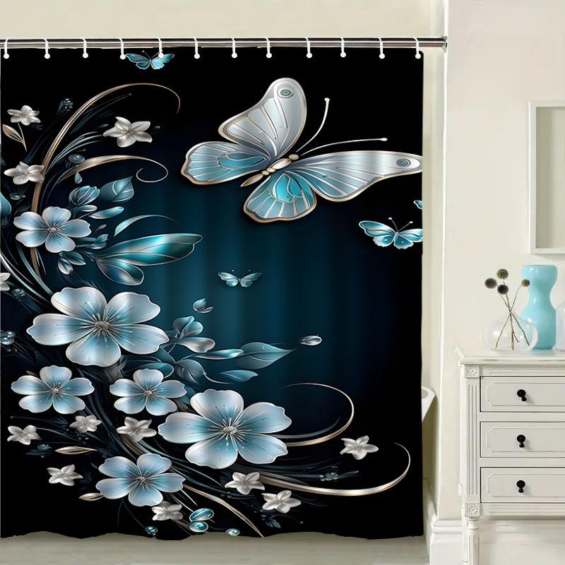 Luxury Butterfly Shower Curtain Blue Floral Design Black Background Waterproof Bath Decor Stylish Home Bathroom Accessories