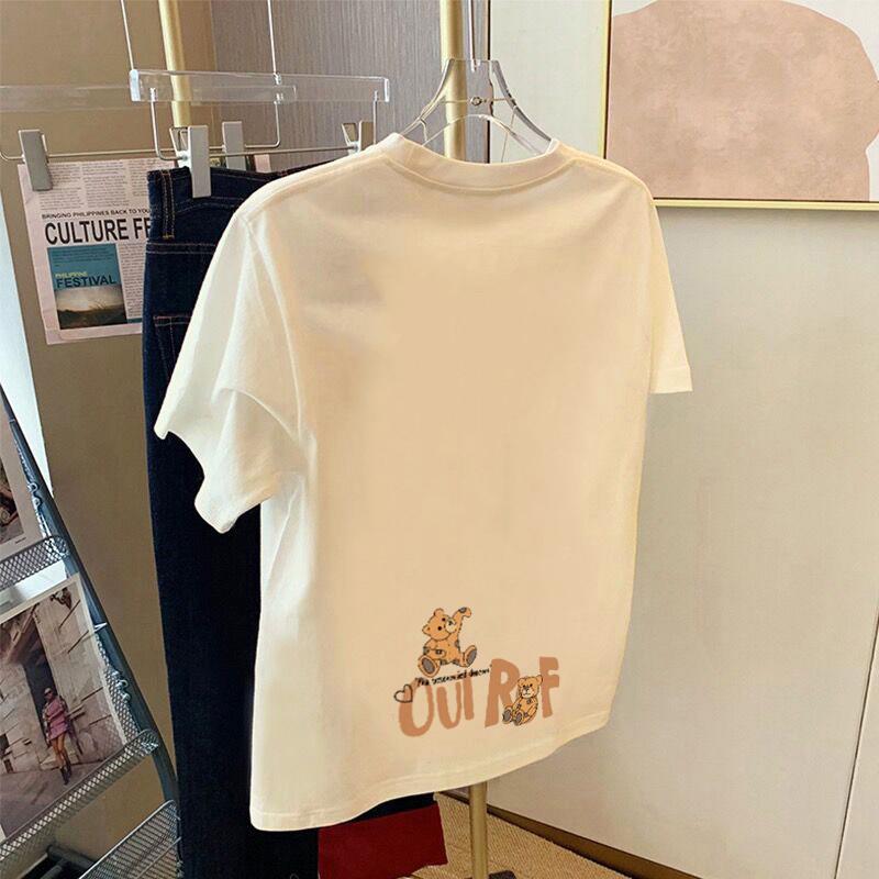 

Apricot shoulder cartoon print short-sleeved t-shirt women s summer white cotton loose top S