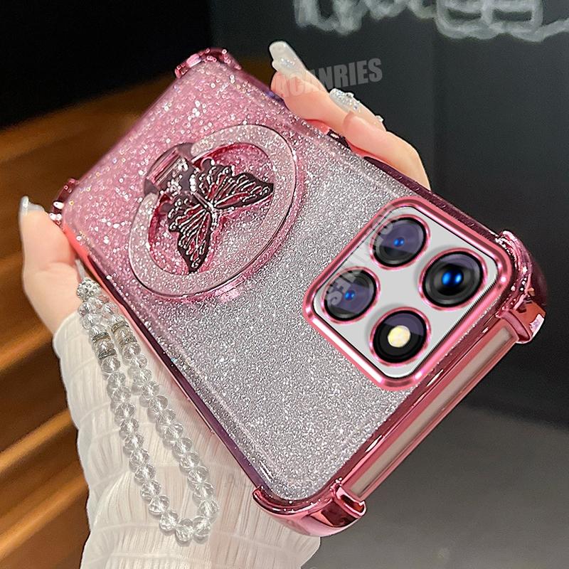

Honorx8c Clear Lanyard Butterfly Holder Case For Honor X8 X8b X8c X6a X6b X6c X7a Plating Shockproof Silicone Stand Cover Honor X6b