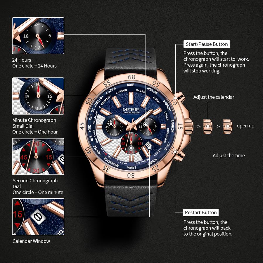 Men's Chronograph Quartz Sports Watches Leather Band Waterproof Luminous Wristwatch Man Relogios Masculino
