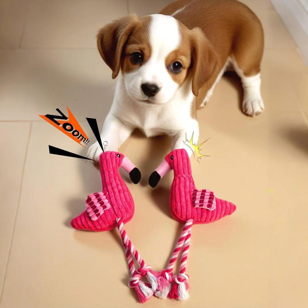 Dog Plush Toy - Flamingo Shape with Squeaker & Rope Knot, Durable Corduroy Chew Toy for Teeth Grinding