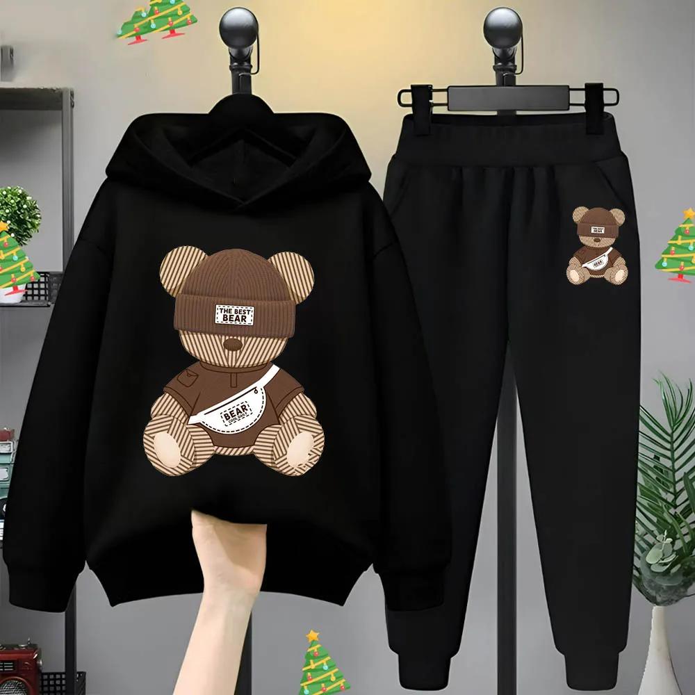 Cartoon Bear Print Children Hooded Sweatshirt+Pants Two-piece Set Boy Girl Autumn Winter Daily Outdoor Casual Warm Sportswear
