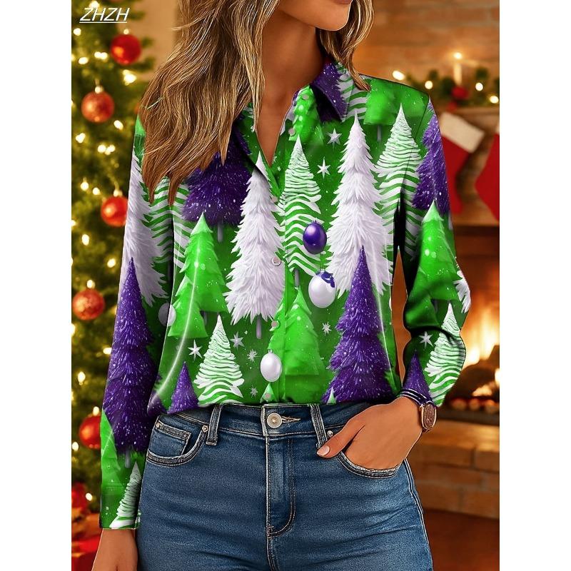 Women's Christmas Tree Print Blouse, Elegant Shirt Collar Design, Vintage Tropical Party Wear, Fall Spring Evening Fashion