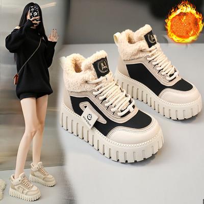 Schoenen voor Dames Platform Verhoogde Sneeuwlaars Dames Winter Pluche Leren Laars Warme Katoenen Schoen Comfort Katoen Korte Laars