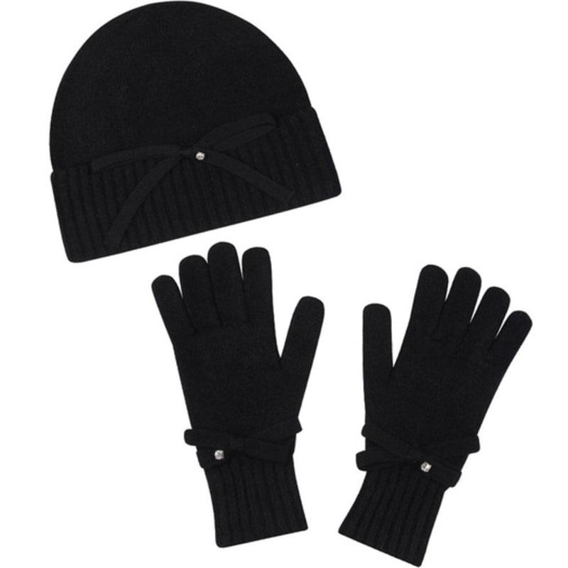 

nitina Прекрасная шапка с лентой и перчатки с лентой и отверстием для пальца Подарочный набор (BK) black