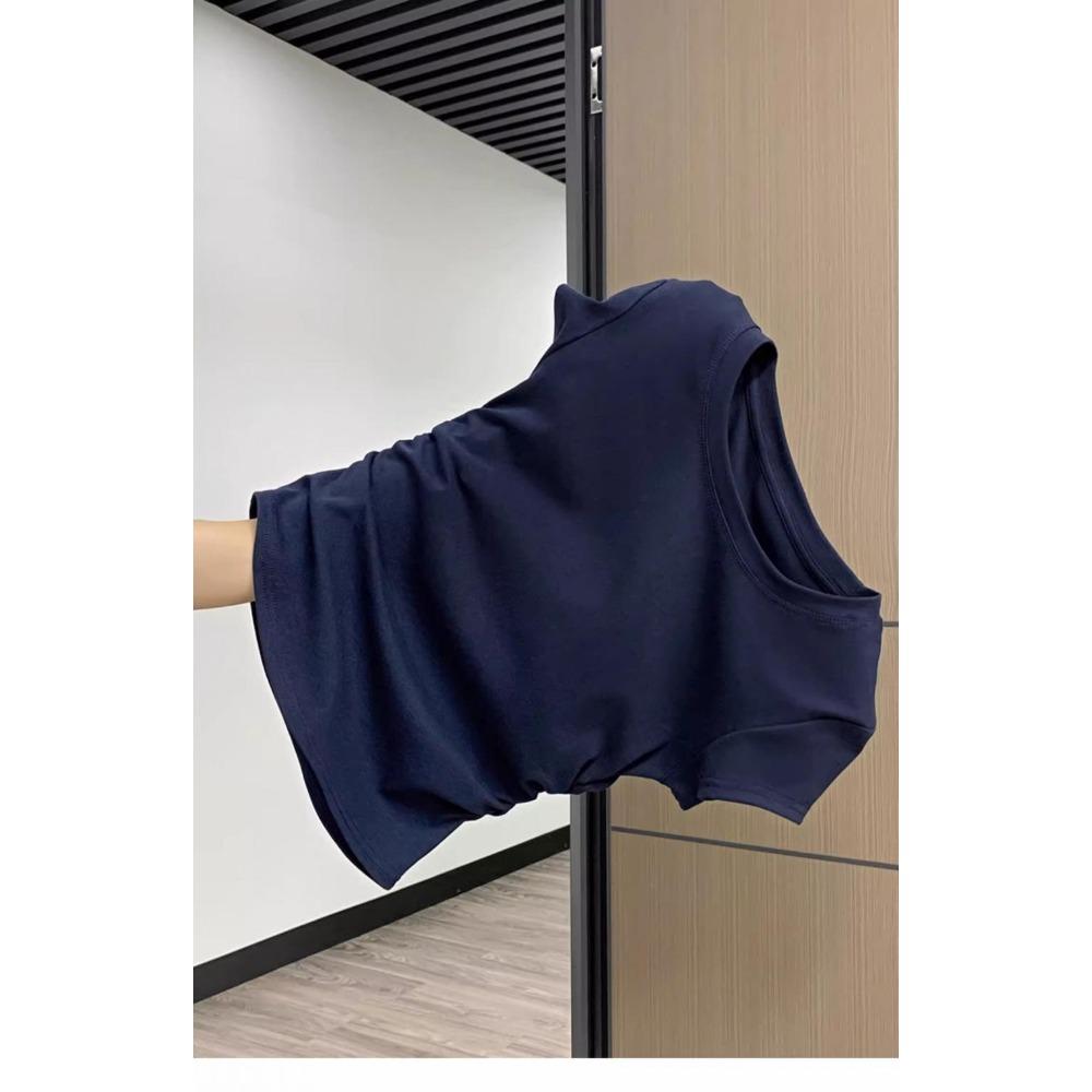 Navy Blue Shoulder Short Sleeved T-shirt for Women's Summer New Design, Pleated Waist Cinched Round Neck Slim Fit and Slimming Short Top