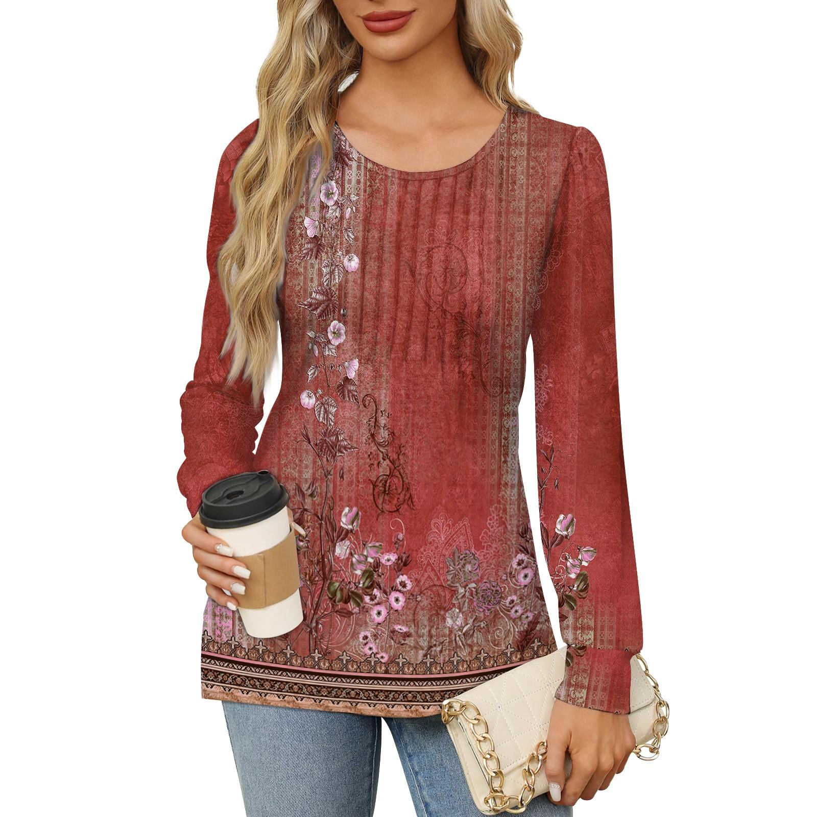 

Женская повседневная плиссированная футболка с круглым вырезом и длинными рукавами с принтом XL красный