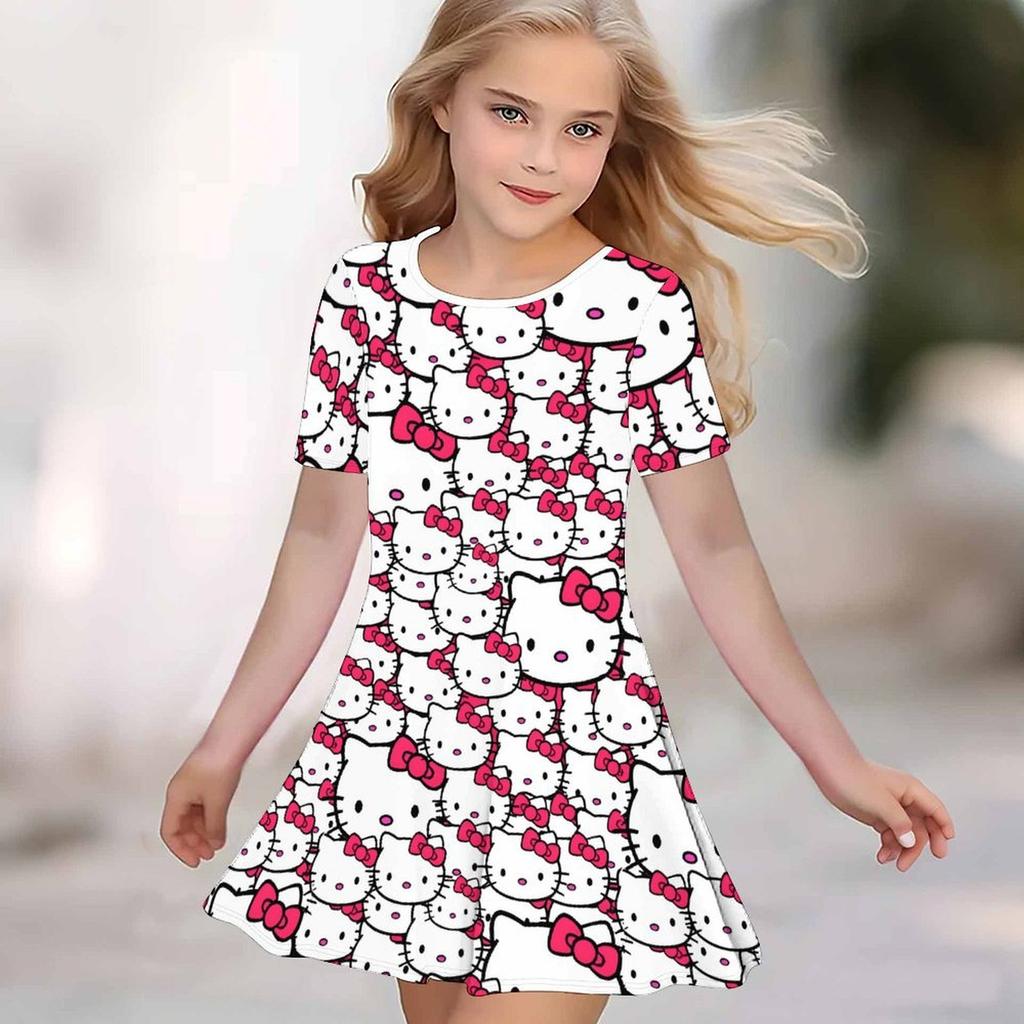 Girls 3D Print Dresses Kids Girl Party Short Sleeve Princess Dress Tank 3D Moe Cartoon Print Dress