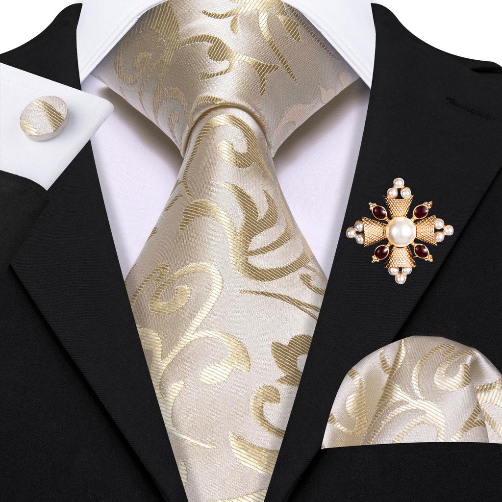 Pearl Brooch with Silk Tie for Men Vintage Floral Teal Necktie Hanky Cufflinks Gift Formal Set