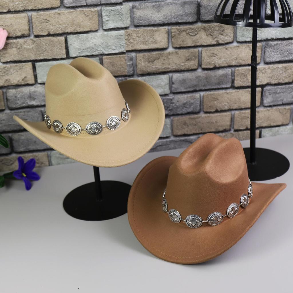 Hochwertiger Retro-Cowboyhut mit Metallkette und großem Schirm