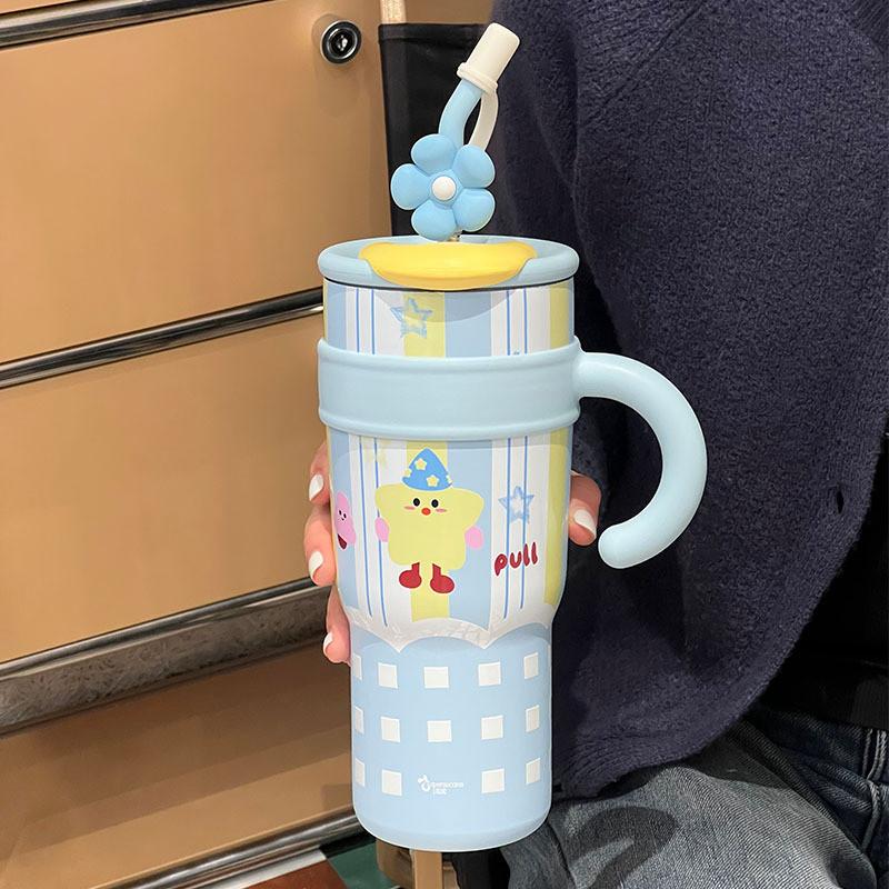 Cute Cartoon Insulated Travel Mug With Handle For Office And Outdoor Use