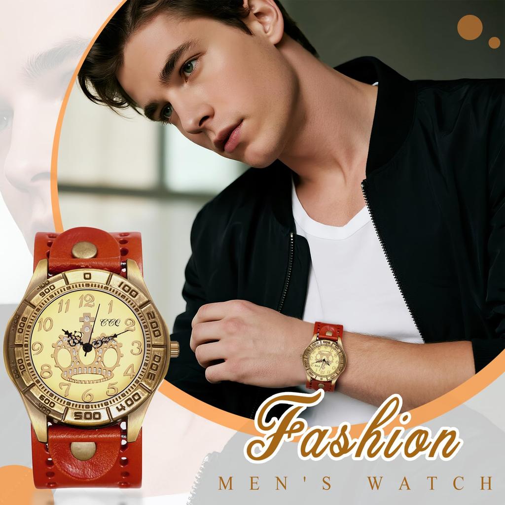 Unisex Punk Watch with Leather Waterproof Analog Display with Crown and Quartz Genuine Leather Motorcycle Fashion Watch Perfect Gift for and Day