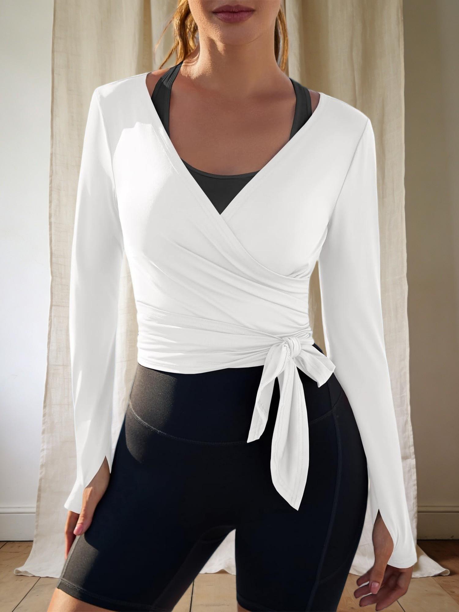 Dámský zavinovací crop top s dlouhým rukávem, lehká košile na balet a pilates S bílá