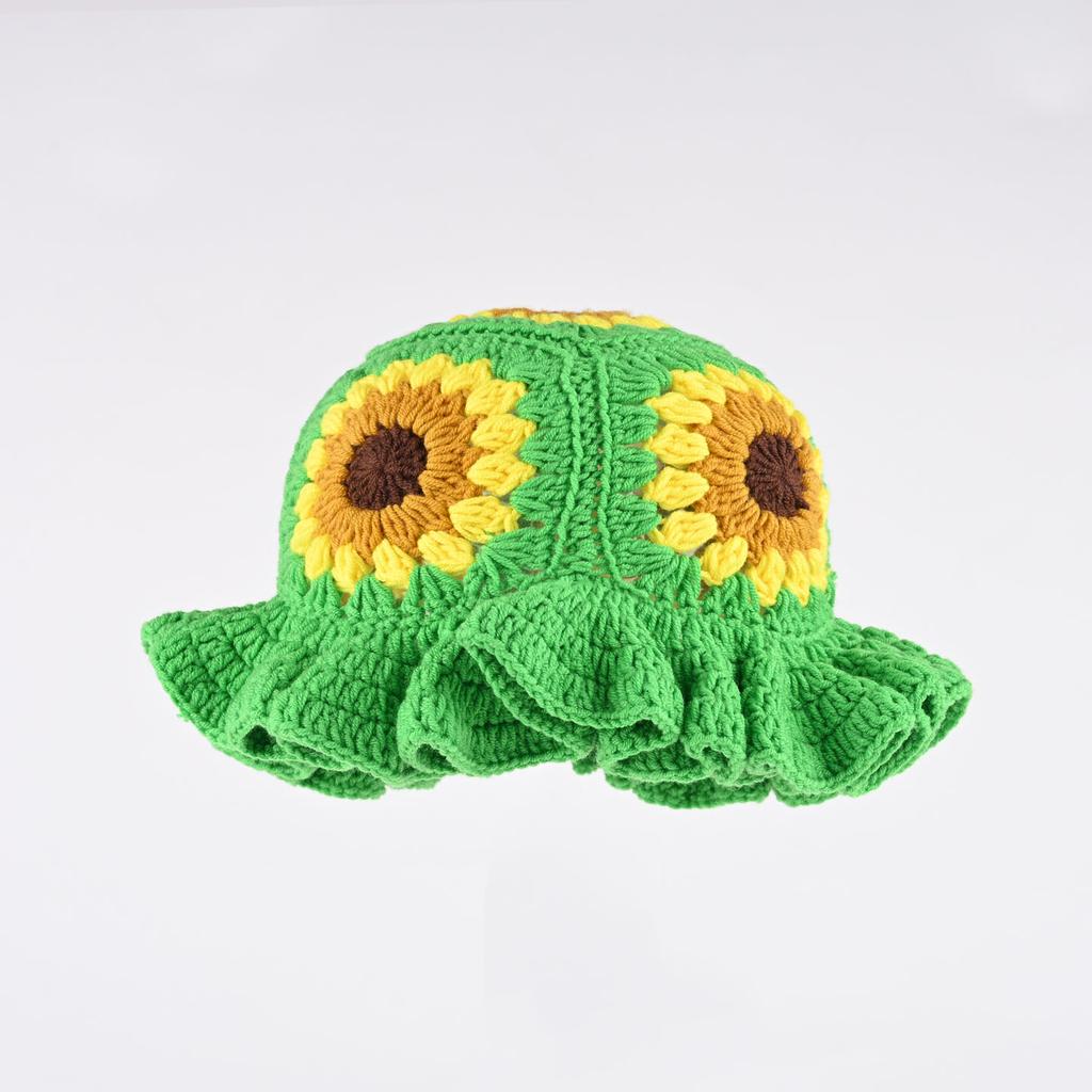 Korean Sunflower Lotus Leaf Brim Handmade Crochet Wool Basin Hat Women'S Autumn Winter Warm Sweet Knitted Bucket Hat