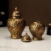 Golden Flower Relief Ceramic Vase Ginger Jar Storage Jar Table Decoration Flowers Arrangement Floral Vases Room Aesthetic Decor