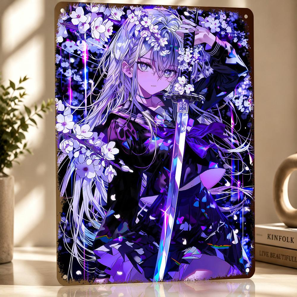 Anime Girl With Sword and Cherry Blossoms Personalized D Textured Metal Poster Wall Art Vintage Tin Signs for Decor Room Home
