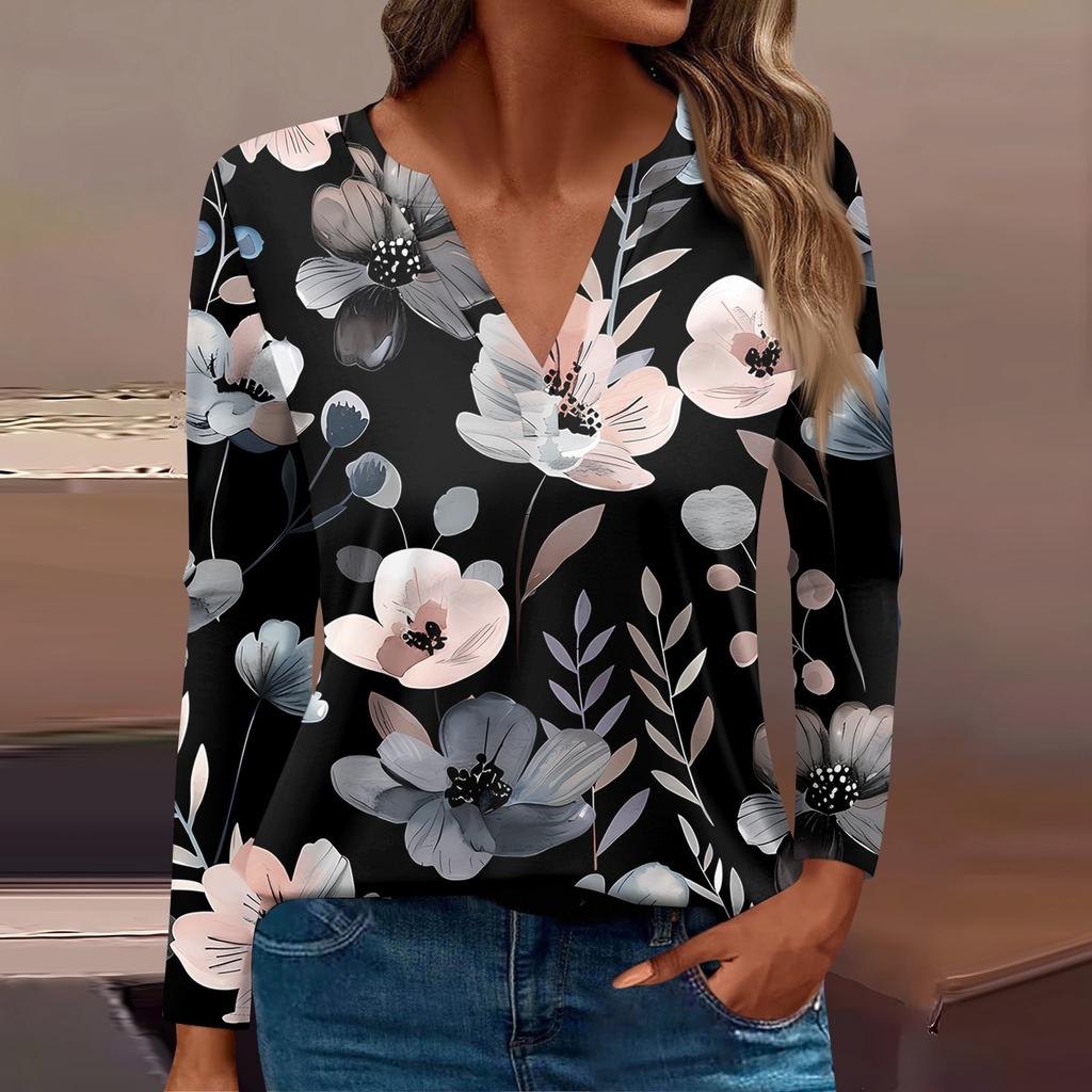 Damska koszulka z nadrukiem z długim rękawem, codzienna, weekendowa, modna, podstawowa, dekolt w serek, regularna góra