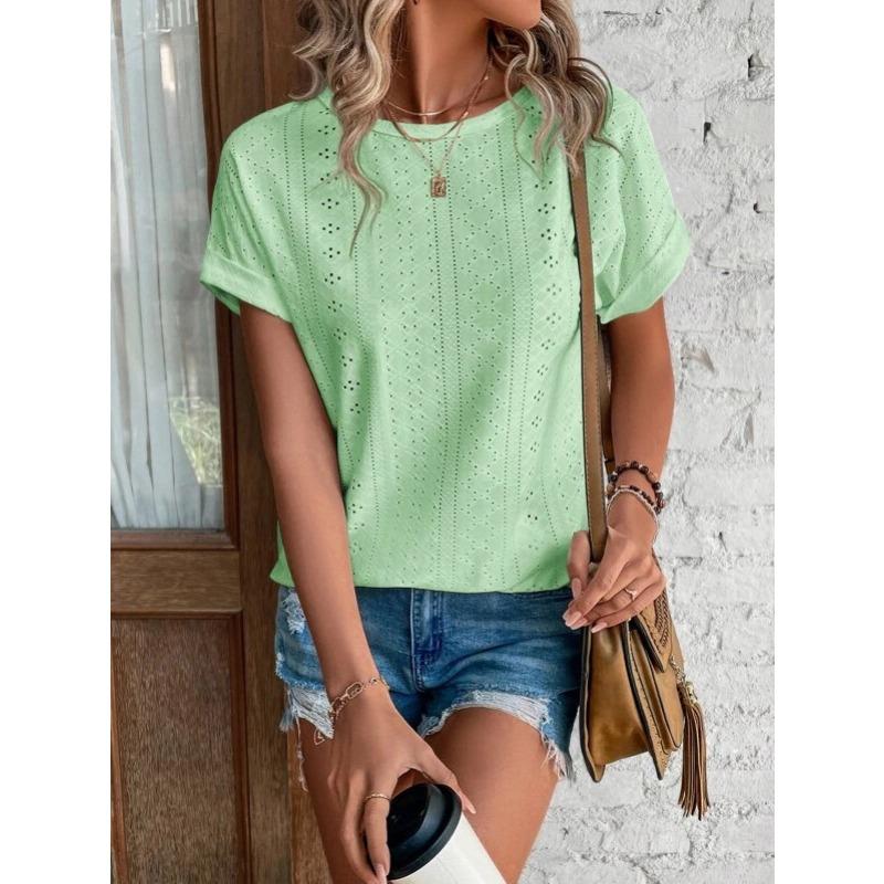 Fashion Casual Bat Short Sleeves Hollow Blouse Women O Neck Loose Summer T Shirts Female Office Tops Sweet Embroidery Solid Color Elegant Clothing