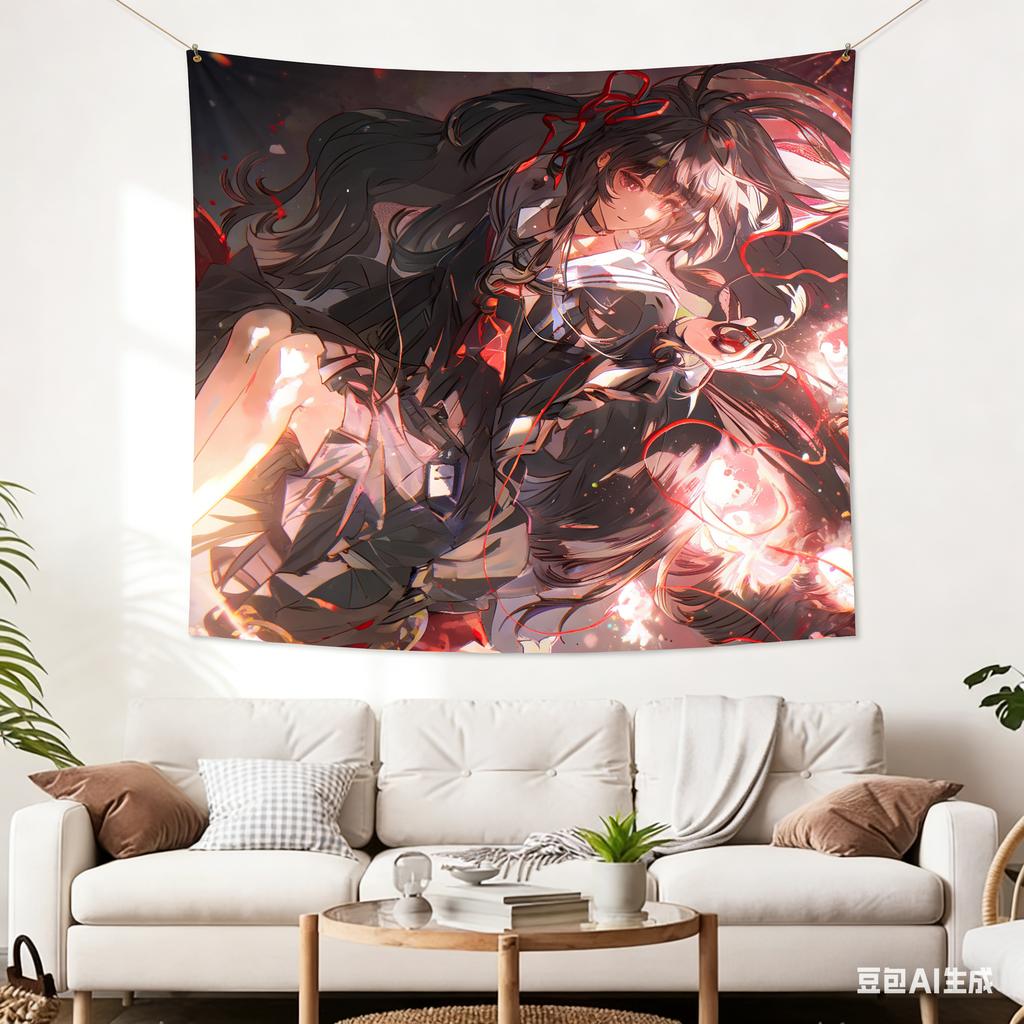 Dark Anime Girl with Red Magic Tapestry Cool Glitch Effect Action Character Print Wall Hanging for Teen Bedroom Game Room Decor