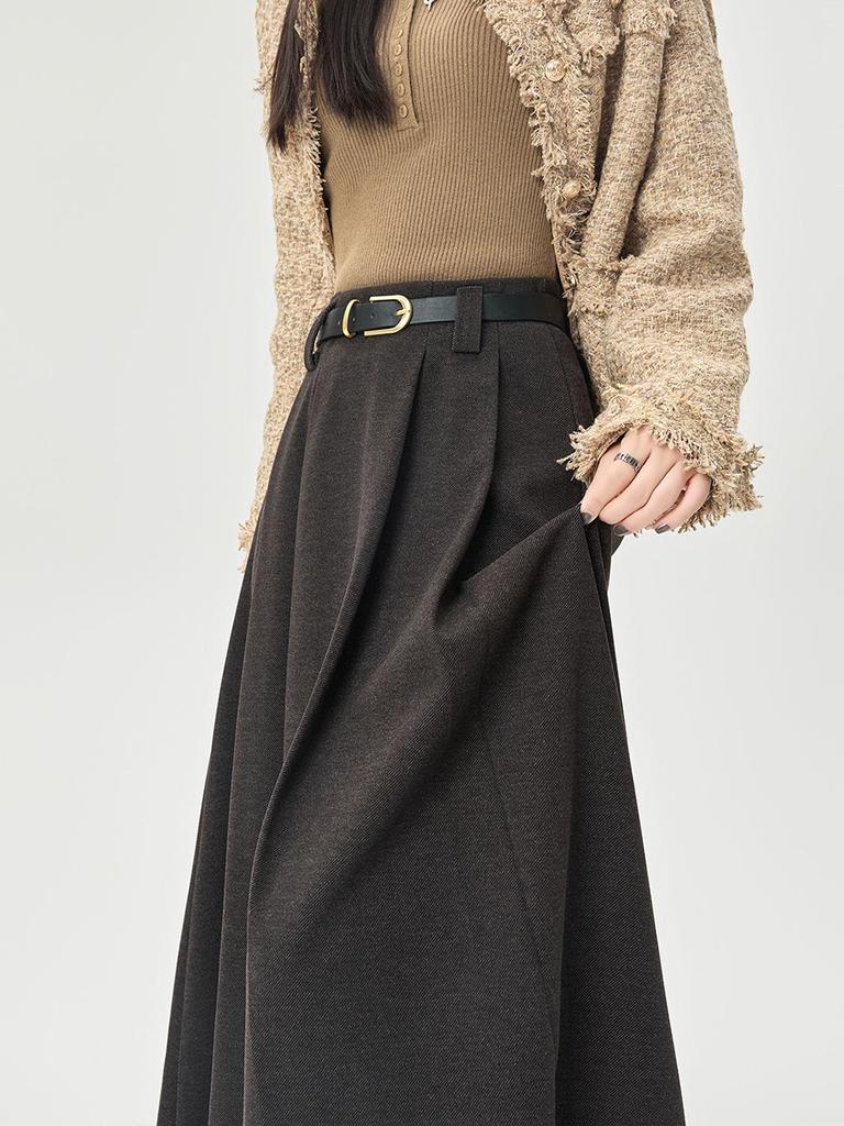 Women's High-Waist Wool Pleated A-Line Skirt - Autumn/Winter Mid-Length Swing Skirt