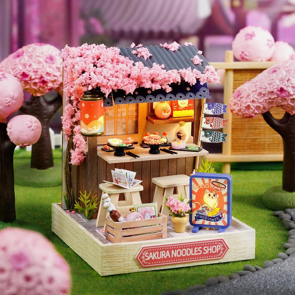 CUTEROOM DIY Wooden Dollhouse Miniature DIY Kit Set for Sushi Restaurant Dollhouse with 3D Puzzle and LED Perfect for and Holiday Christmas Gifts