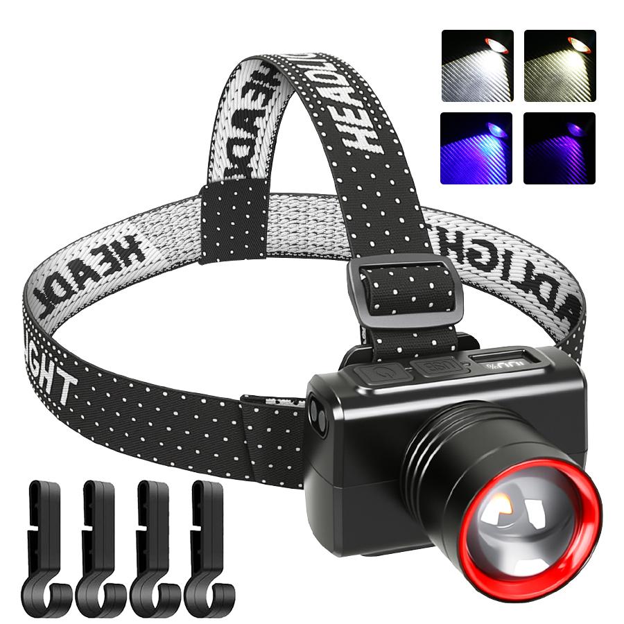 Powerful LED Induction Headlight Type-C Rechargeable Headlamp 4 Light Color 90 ° Adjustment Head Flashlight for Camping Hiking