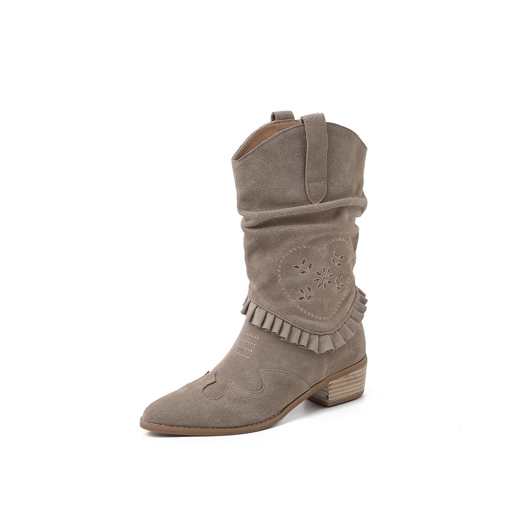 Fashion 2025 new Autumn Western Boots Cow Suede Leather Women Shoes Pointed Toe Chunky Heel Women Boots Mid-calf Chelsea Boots Retro