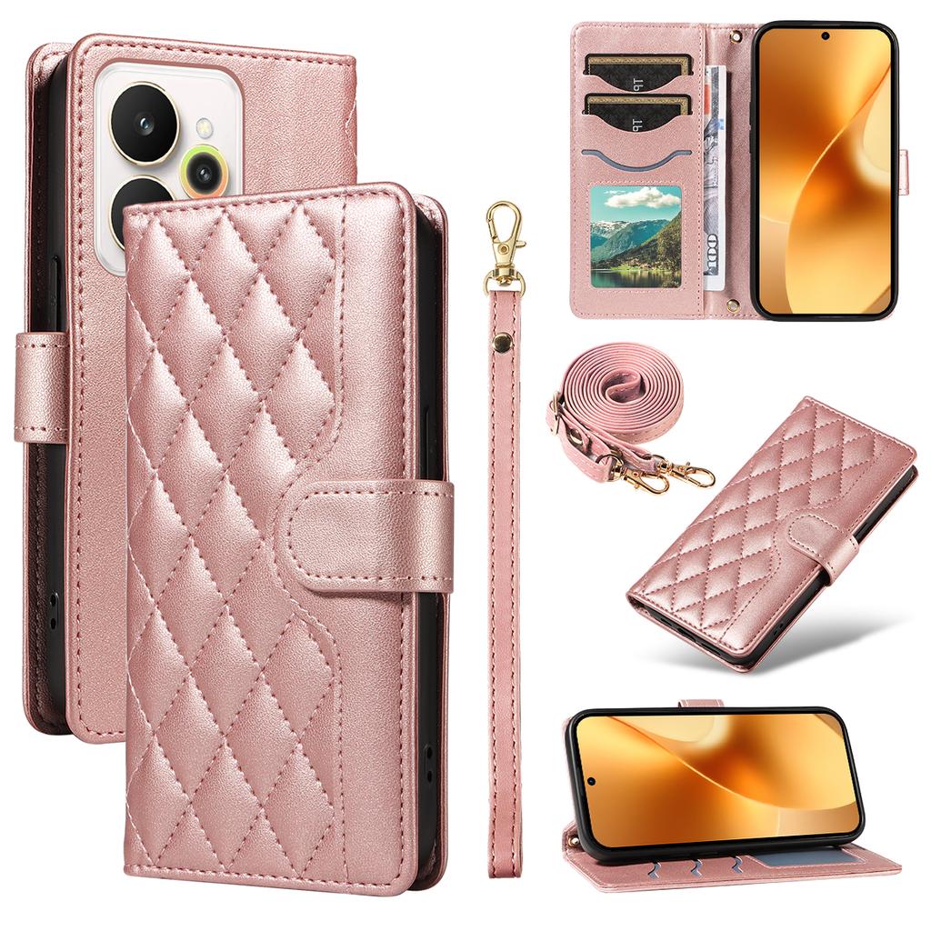 Etui Portfelowe ze Skóry Rhombus z Paskiem na Telefon dla Realme 15 Pro 5G/Realme 15 5G