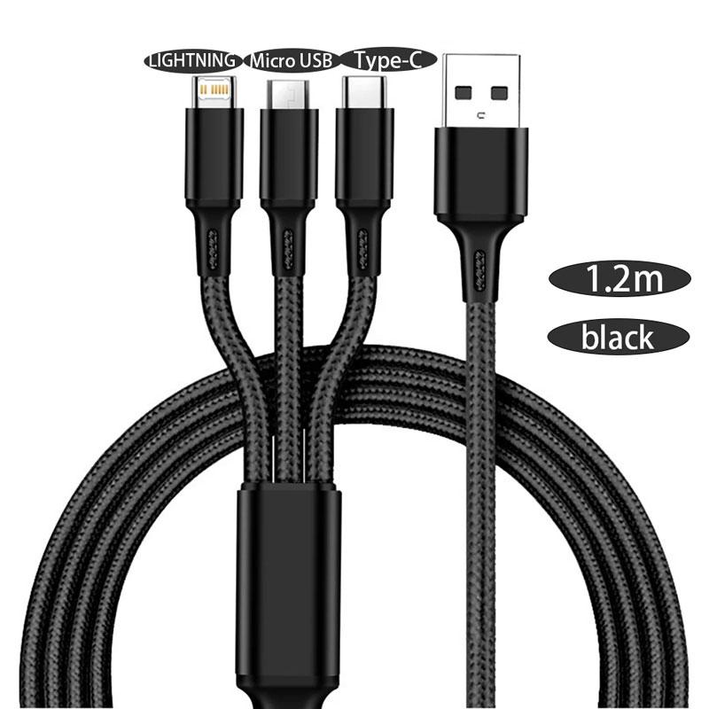 3 в 1 USB-зарядное устройство Быстрозарядный кабель Type C Micro LIGHTNING Мультизарядный кабель для iPhone Huawei Samsung Нейлоновая оплетка чёрный