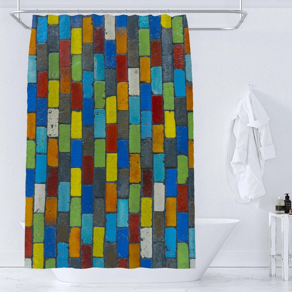 Wasserdichter Duschvorhang mit Haken Bunter Ziegelwand-Mosaikdruck Badezimmer Vorhänge Polyesterstoff Dekoration Duschvorhang