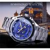 Forsining Men's Fashion Casual Blue Hollow Waterproof Automatic Mechanical Watch GMT1114-8-A