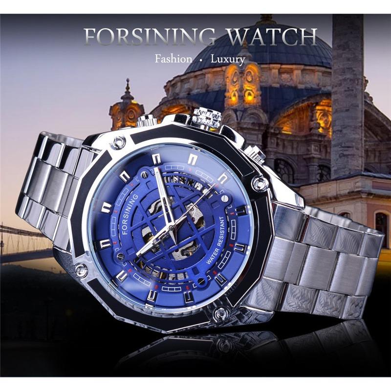 Forsining Men's Fashion Casual Blue Hollow Waterproof Automatic Mechanical Watch GMT1114-8-A