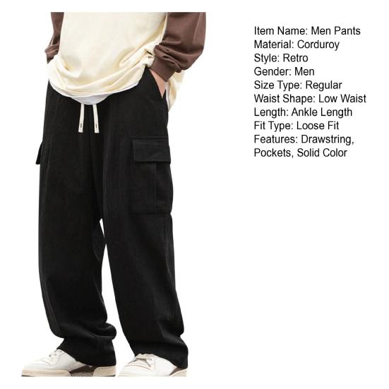 Men Pants Elastic Waist Adjustable Drawstring Long Pants with Flap Pockets Solid Color Loose