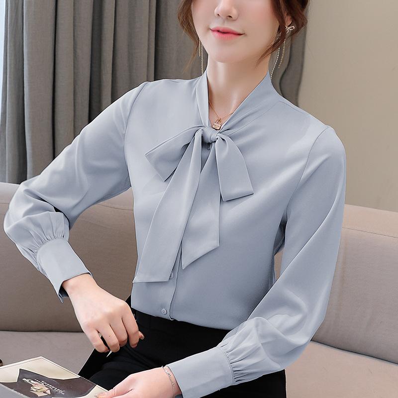 1116 white shirt women's design sense niche autumn long-sleeved top fashion acetic acid satin temperament lace-up chiffon