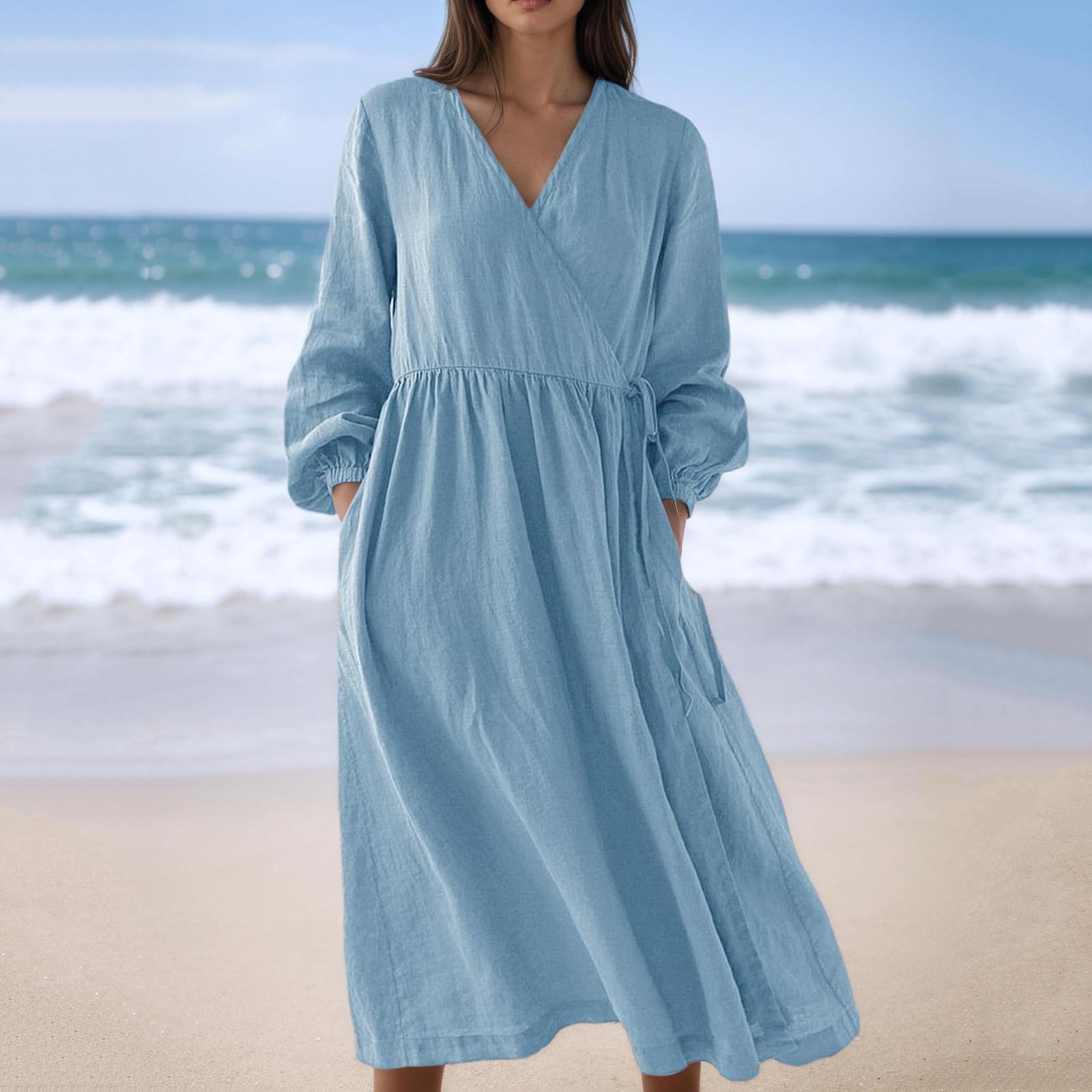 

Women s Fashionable Loose-Fit High-Waisted Cotton-Linen Blend Casual Long-Sleeve Dress M