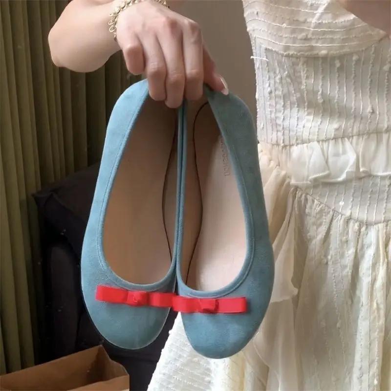Fashion French Elegant Bow Flat Shoes 2024 Spring New Round Head Comfortable Suede Leather Women's Mary Janes Shoes