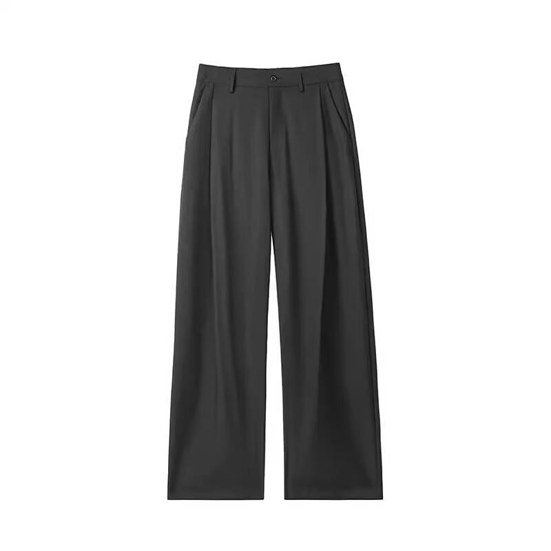 QOTRIOCK American Style Pleated Loose Straight Casual Trousers