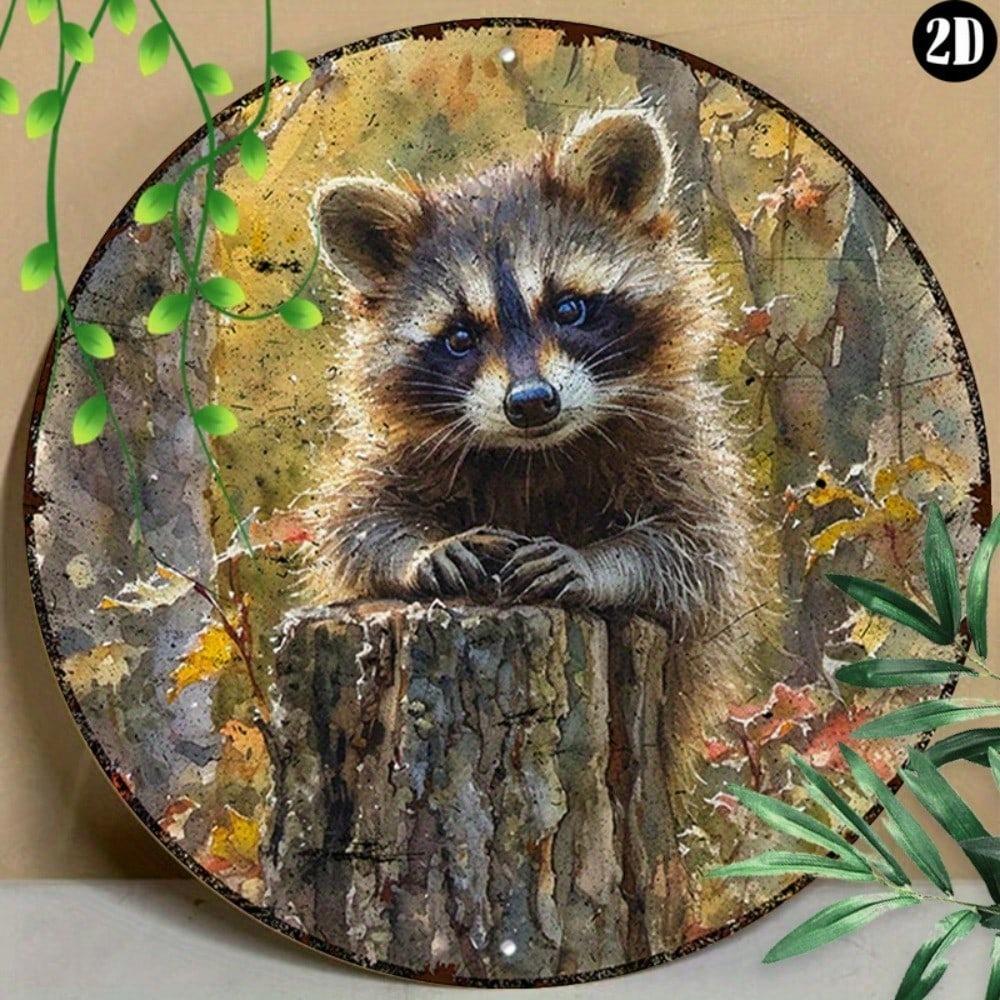 Raccoon Metal Tin Sign 8 Inch Round Wall Decor Art Rustic Vintage Home Hanging