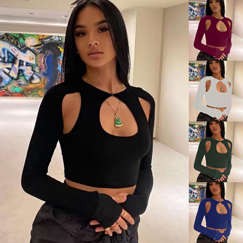 

Tooxika Лидер продаж Новая уличная однотонная футболка с круглым вырезом и длинным рукавом с открытым пупком