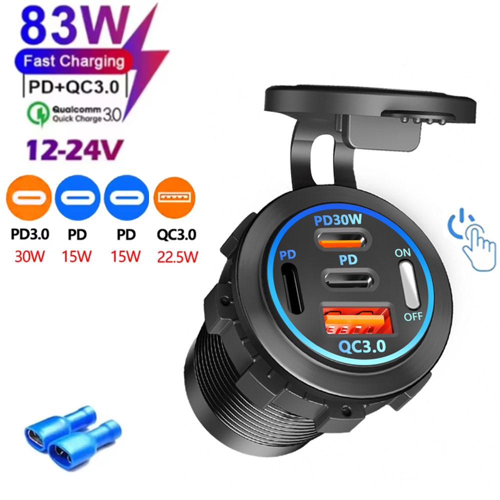 Car Charger Socket Type-C & Dual USB 3Ports Fast Charger Socket Waterproof with Voltmeter 12V/24V For Boat Motorcycle Adaptors