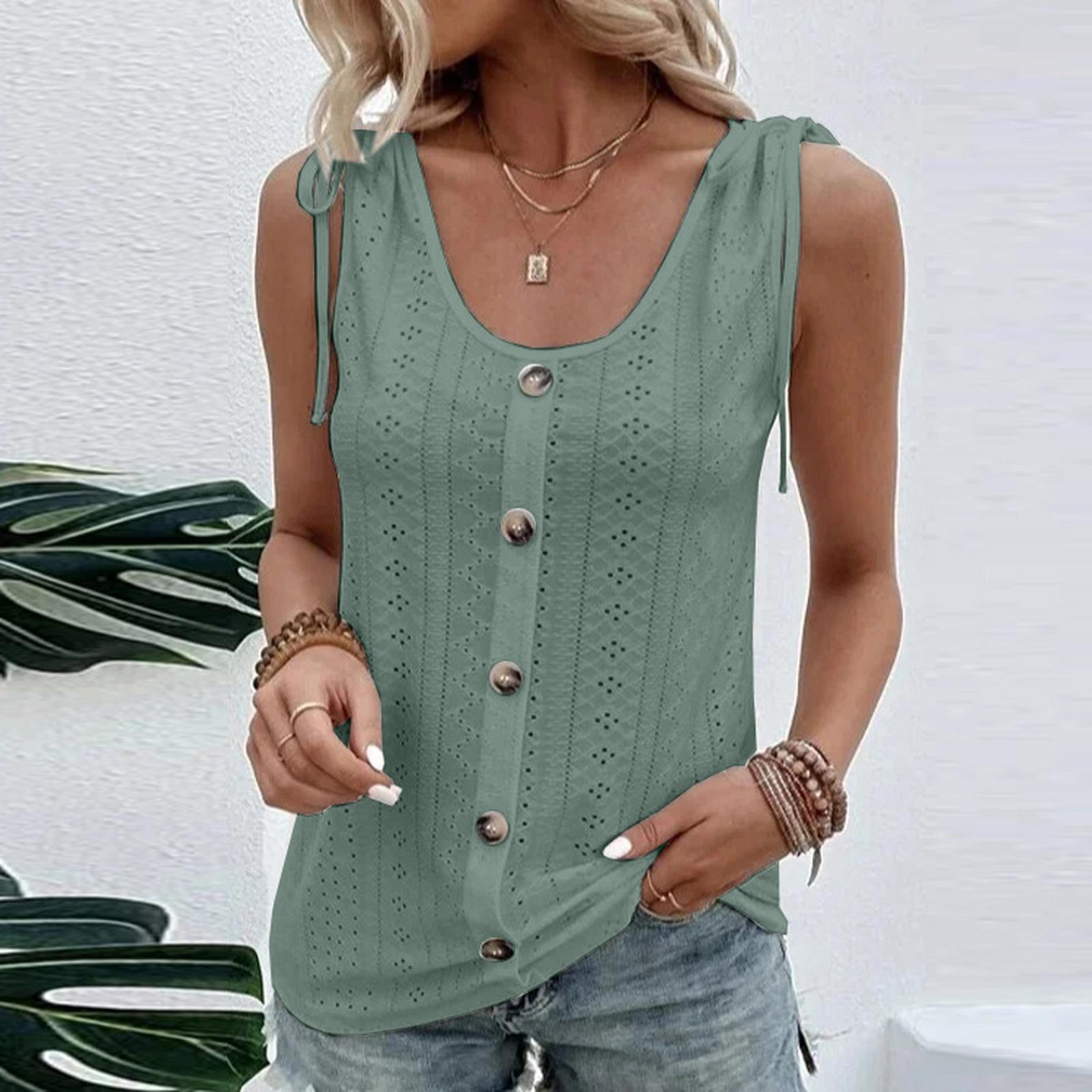

Women’s Sleeveless Eyelet Button Front Tank Top with Adjustable Shoulder Ties and Scoop Neck Casual Summer Blouse M