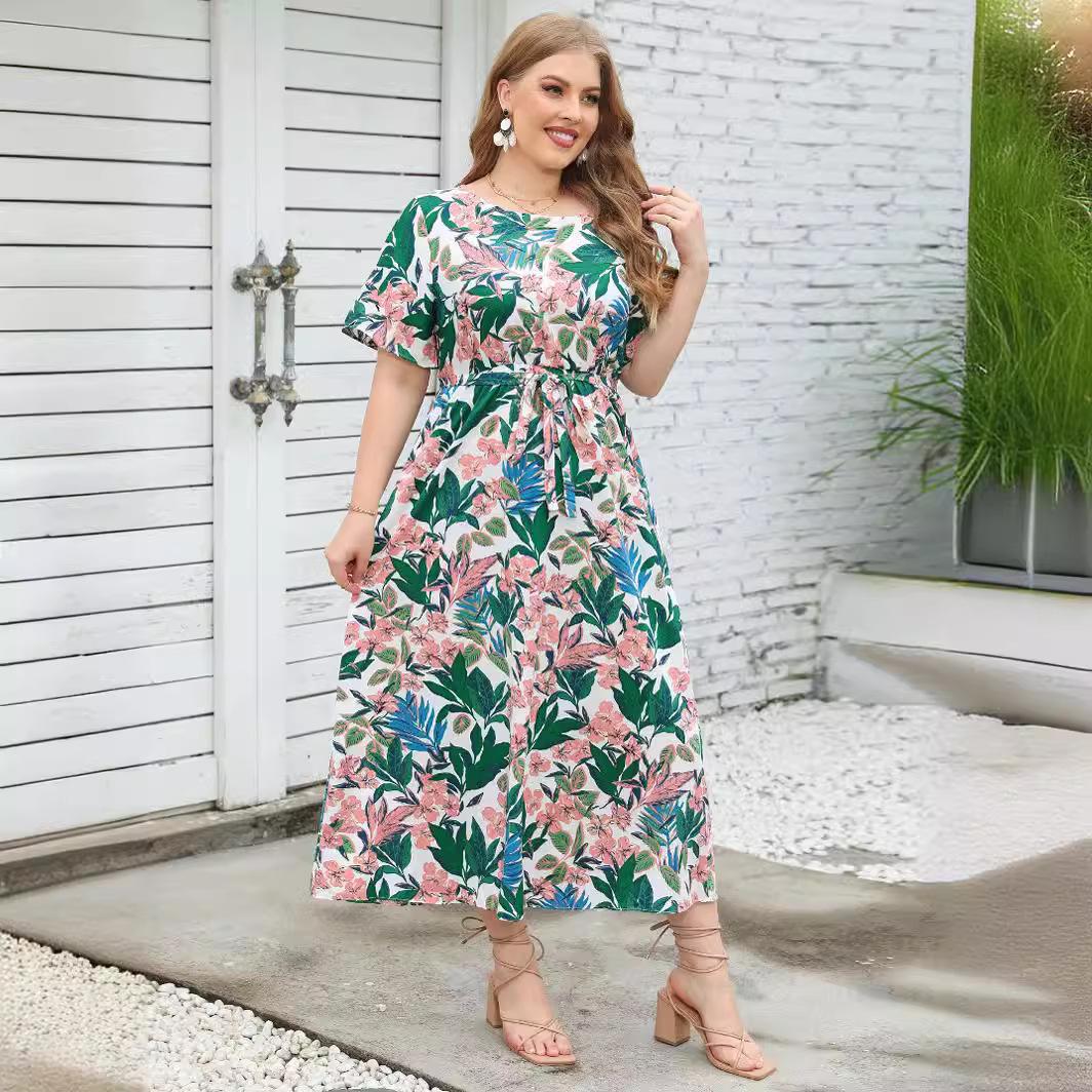 

Длинное платье с круглым вырезом и цветочным принтом для женщин, повседневное летнее платье макси с короткими рукавами и высокой талией, дышащее легкое платье для работы в отпуске, платье больших размеров 5XL
