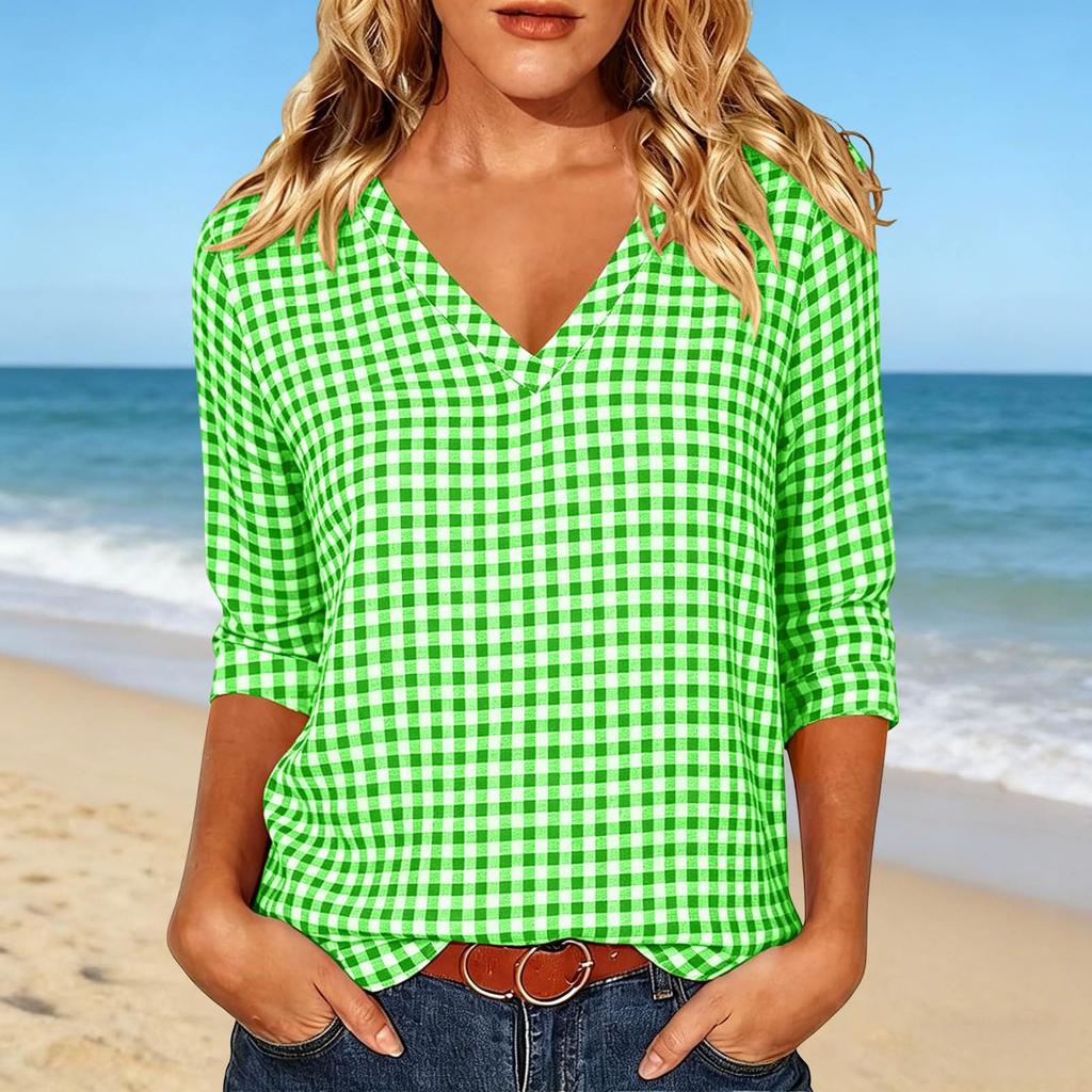 Women's Casual Plaid Print Three-Quarter Sleeve Pullover Top