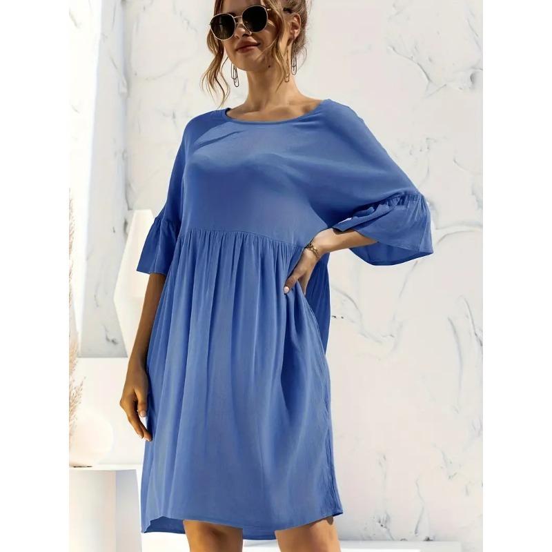 Ruffle Hem Crew Neck Dress, Casual Short Sleeve Dress For Spring & Summer, Women's Clothing