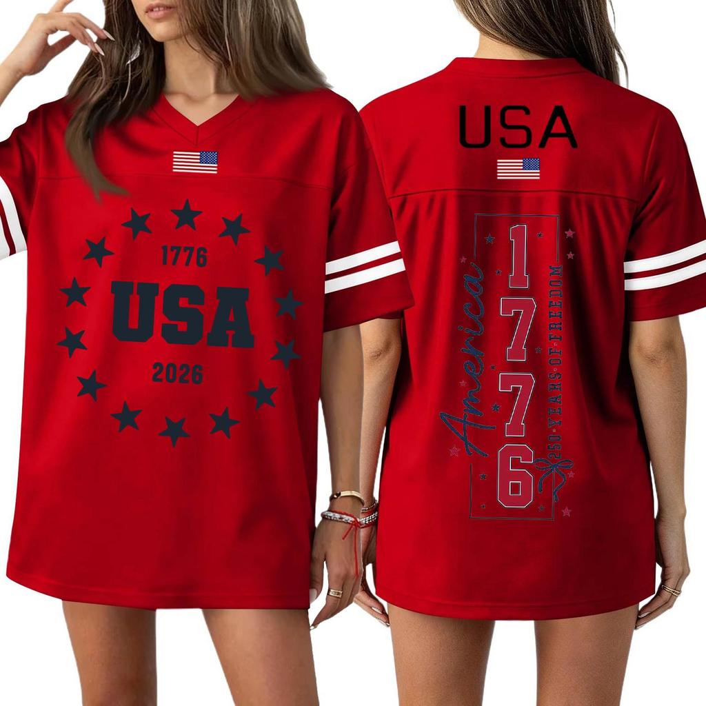 Womens Short Sleeve V Neck Oversized T Shirt 1776 2026 USA Letter Print Loose Fit Top Flag Graphic Tee