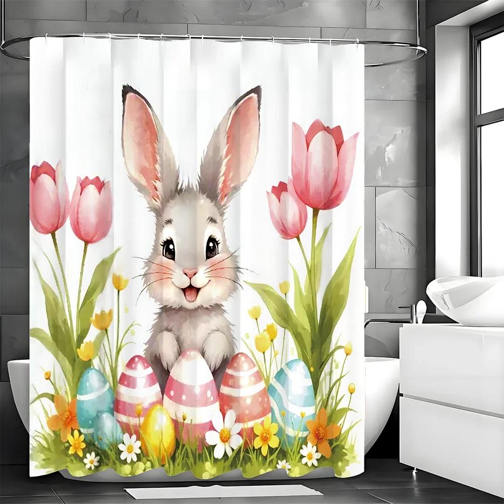 Easter Shower Curtain, Cute and Funny Cartoon Bunny Tulip and Green Grass Colorful Eggs, Polyester Fabric Bathroom Decorative S